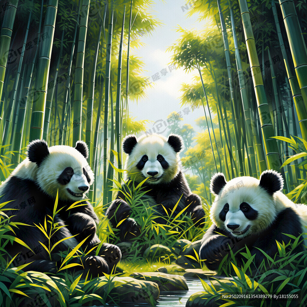 竹子 五只熊猫 绿色草 花