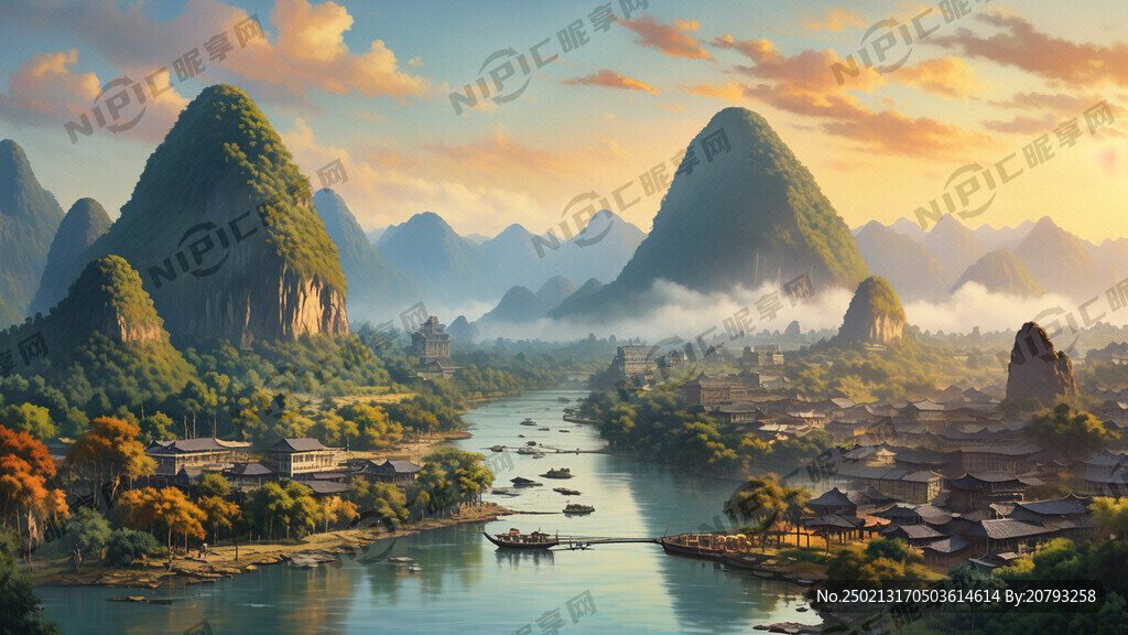 采用千里江山的绘画风格画一幅桂