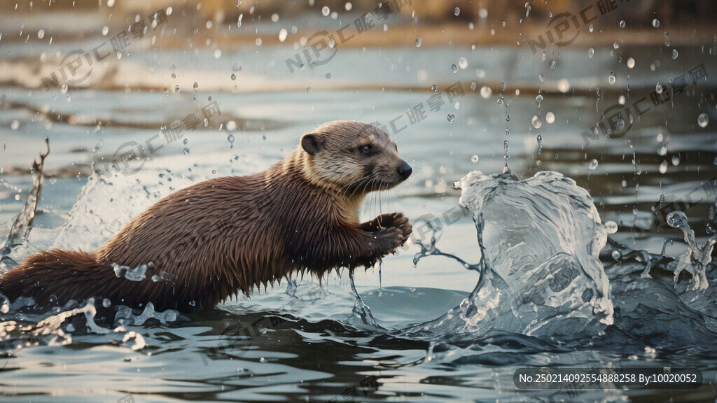 水面融化 水獭捕鱼