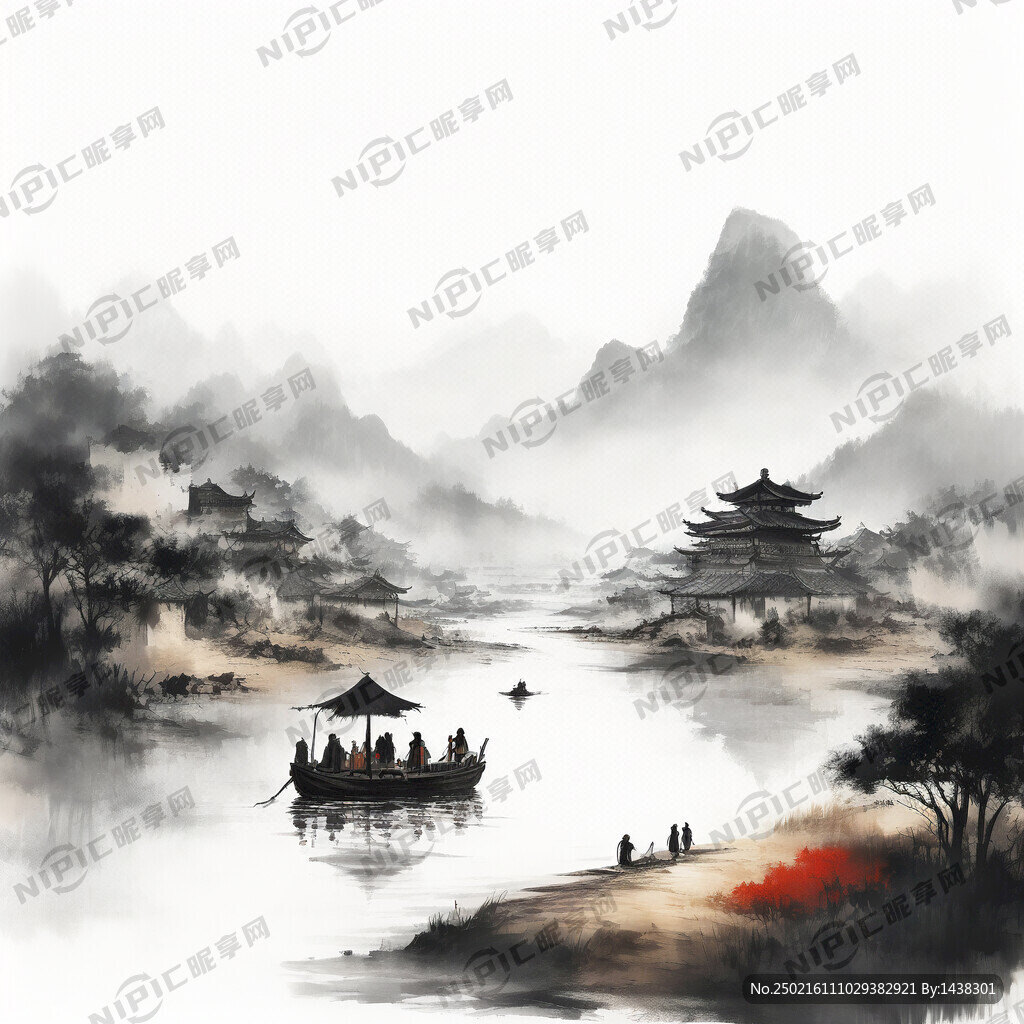 生成一副美丽乡村的 水墨画