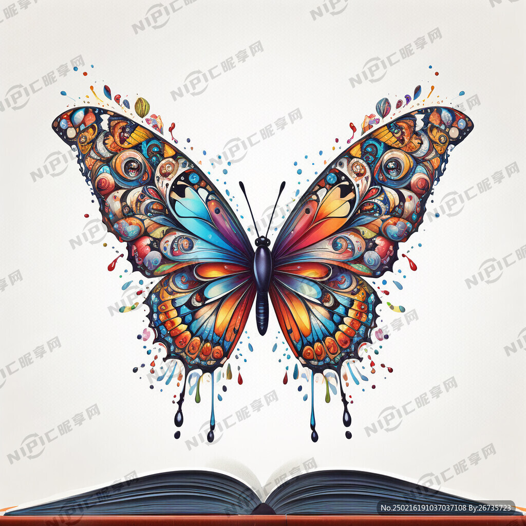 彩色的蝴蝶组成倒水滴下面一本翻