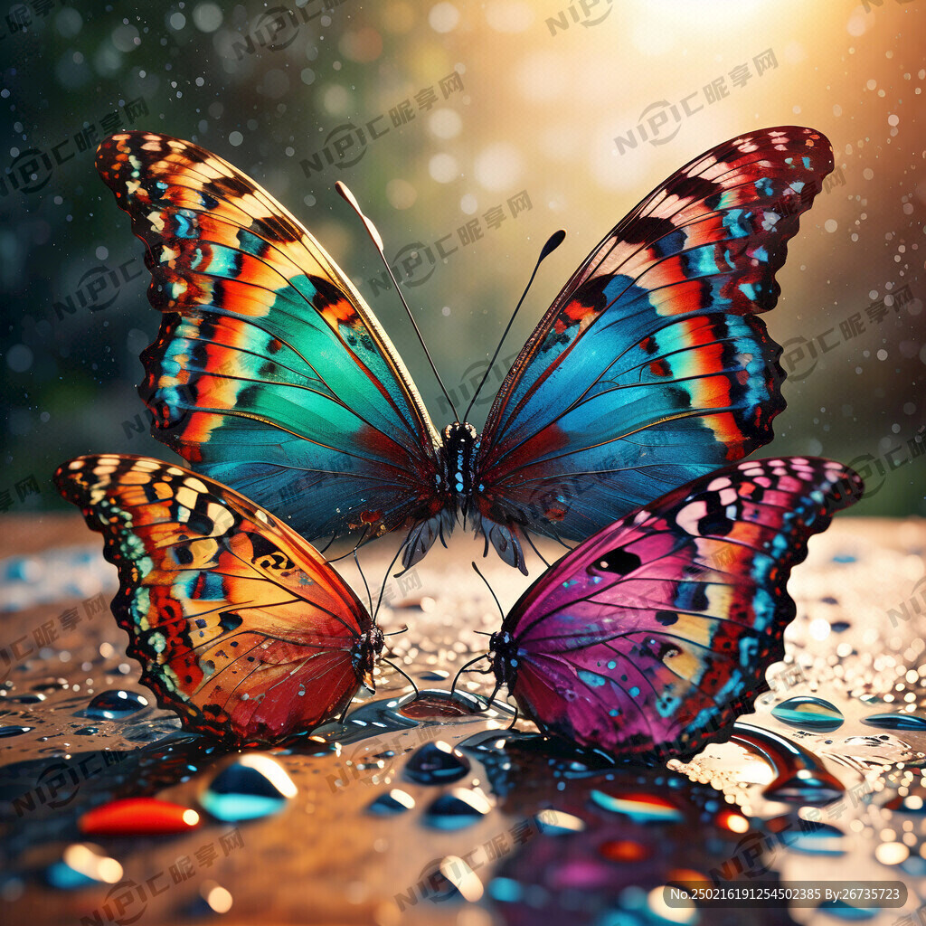 大小不一彩色的蝴蝶组成倒水滴下