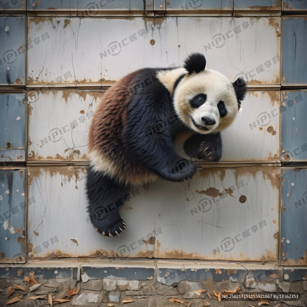 爬上墙头的熊猫