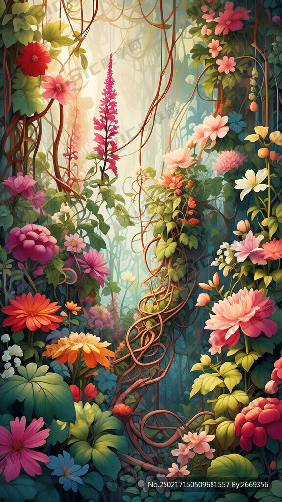 很多花卉 边上缠绕藤蔓、叶子