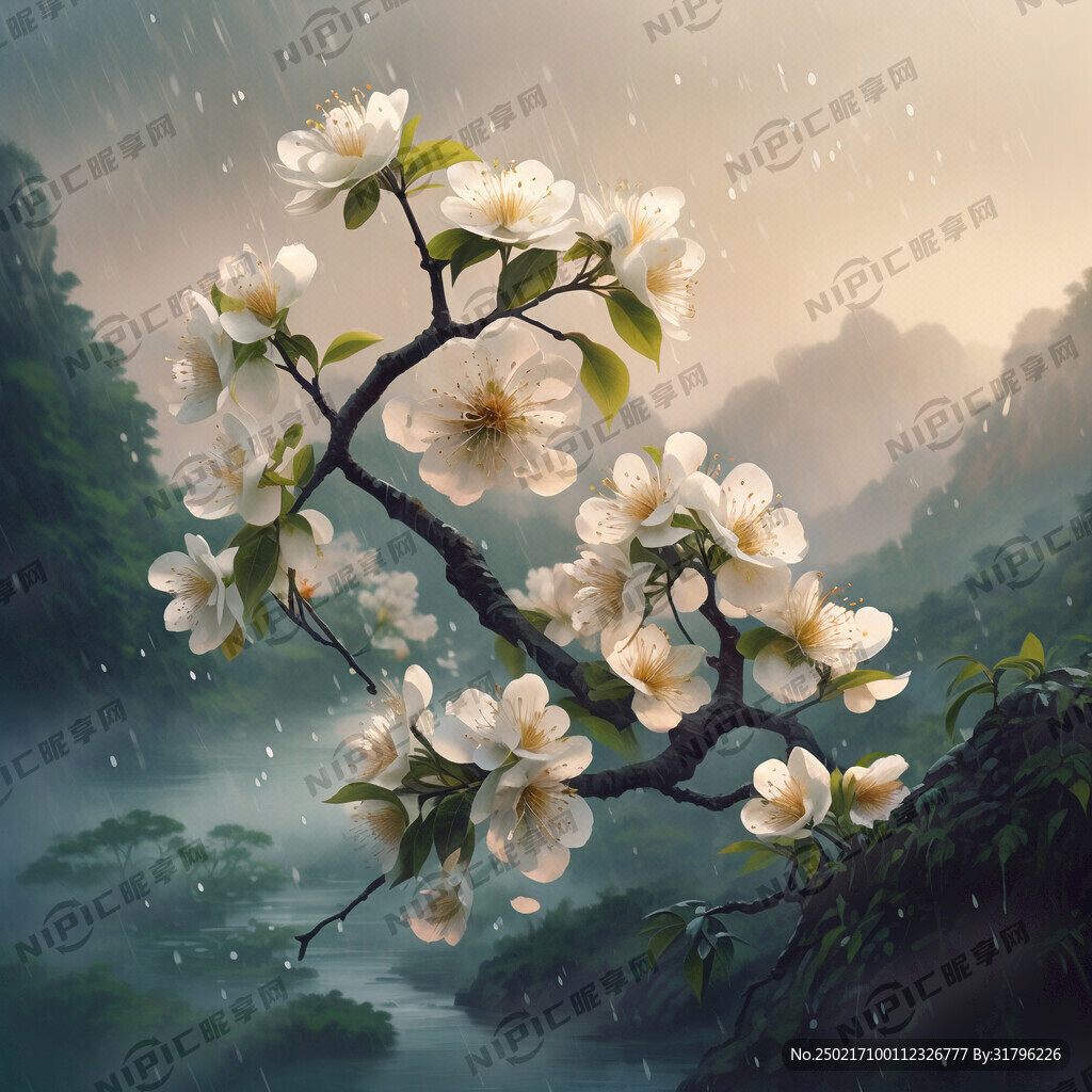 江雨斜阳梨花 山水
