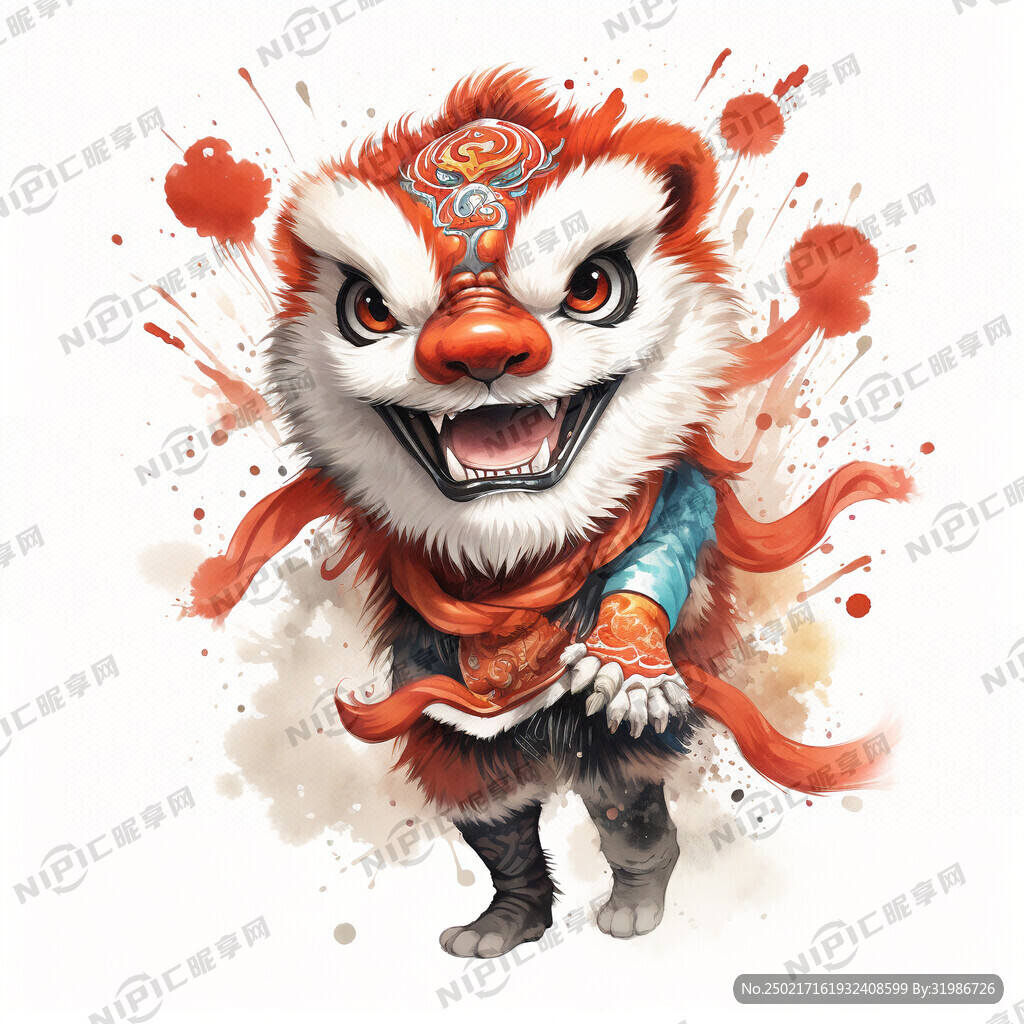 一只舞狮 过年喜庆氛围 彩色