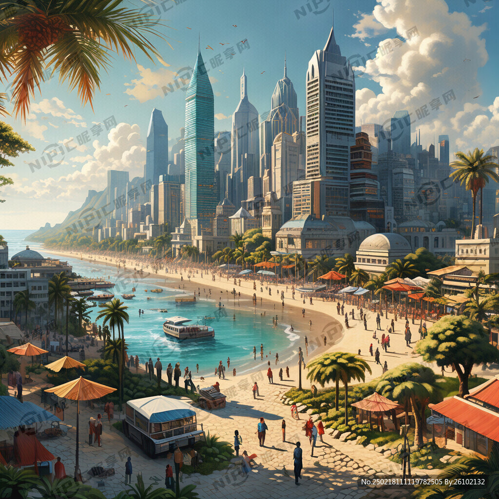 城市景色里面有沙滩椰树汽车人群