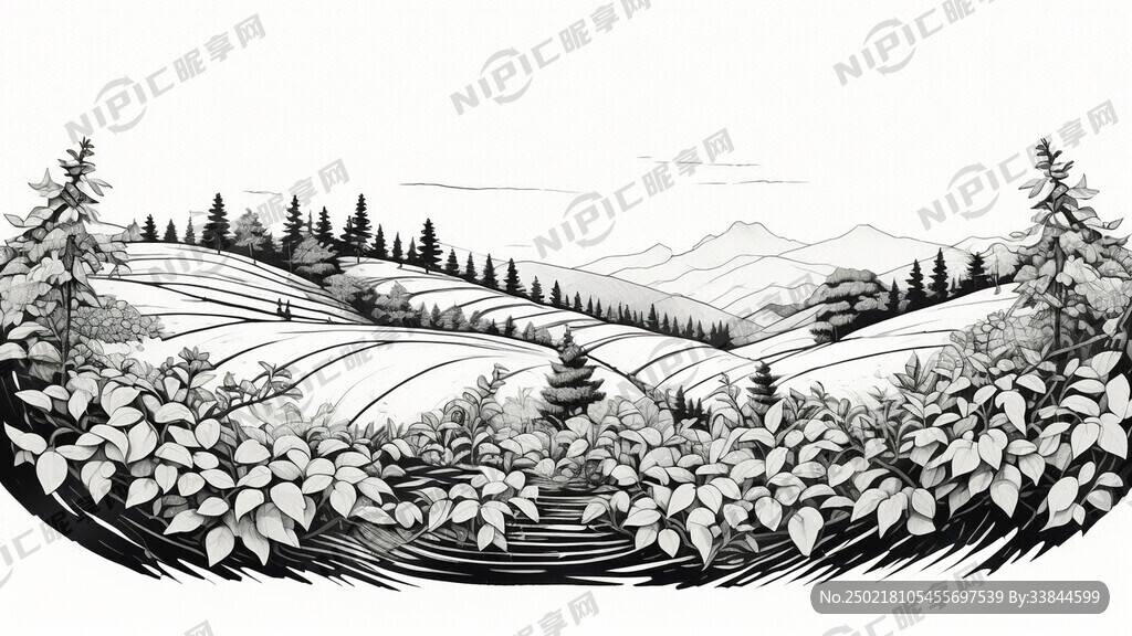 线描风格 茶树 茶叶插画