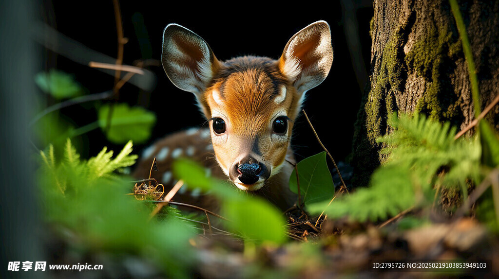 一只林麝安静的呆在森林里