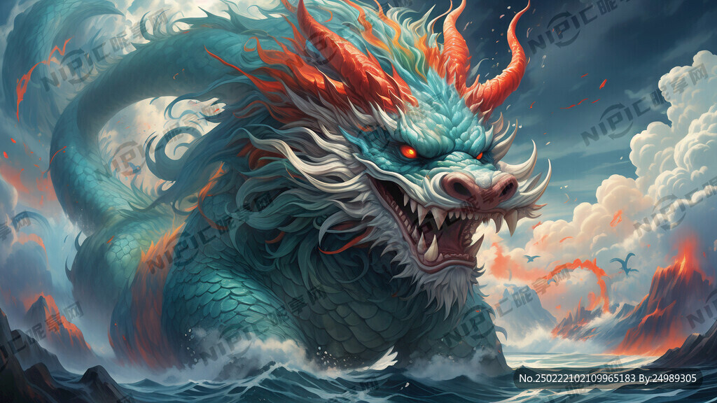 青龙神兽龙头半身 大海背景 