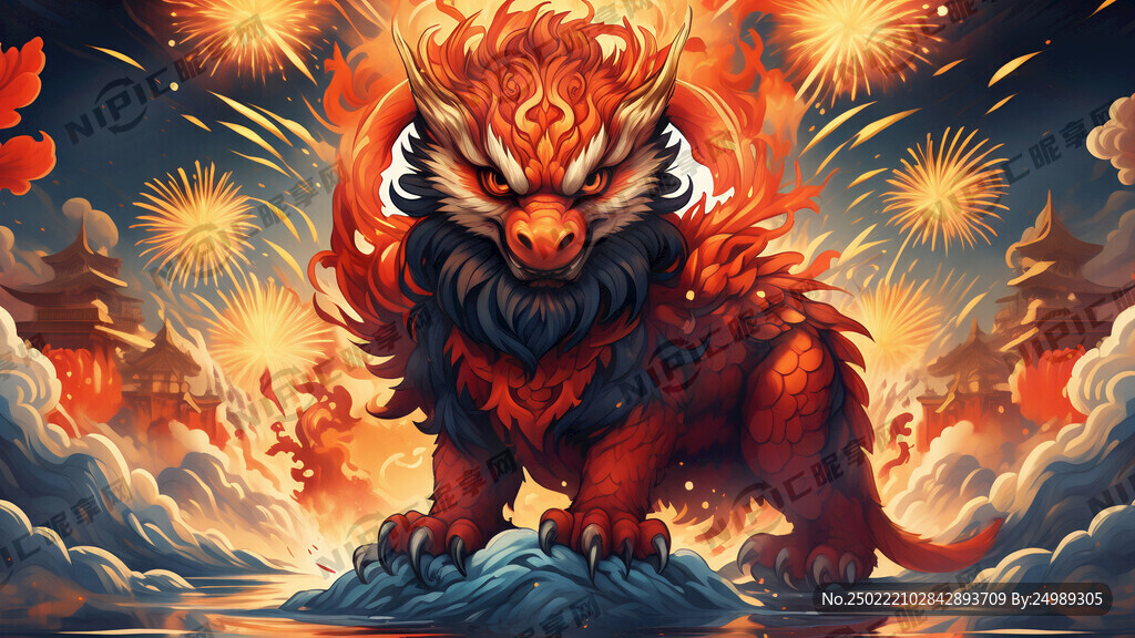 朱雀神兽半身 天空火焰背景  