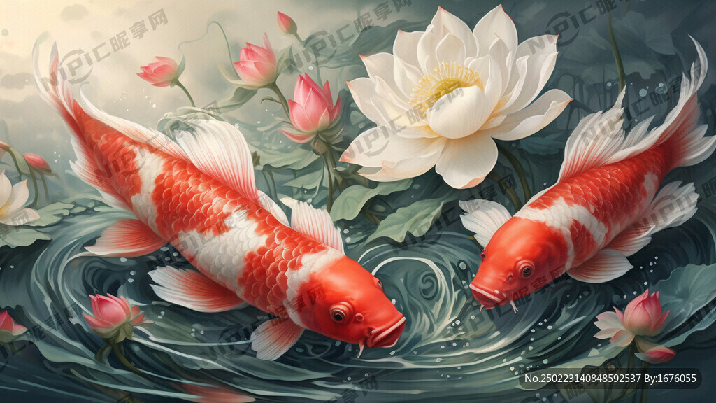 三条锦鲤戏水荷花