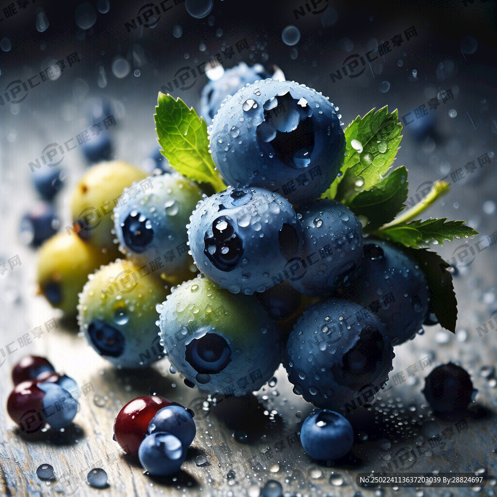 一小堆带着水珠 可口诱人的蓝莓
