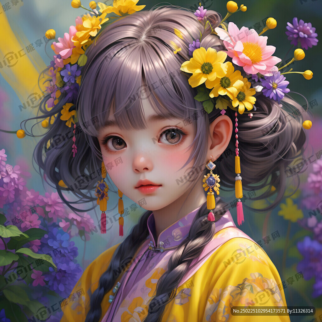 女孩头像 头上戴着五彩簪花