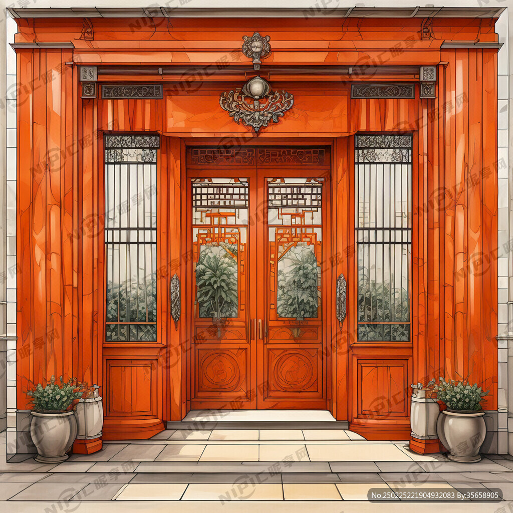 窗帘店橙色的门口中间玻璃做宣传