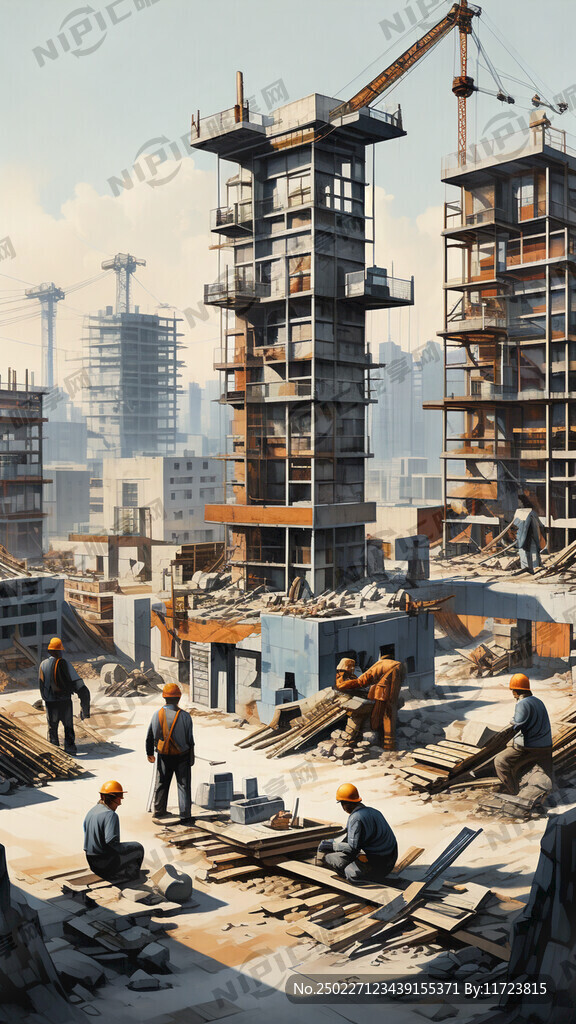 建筑工地 工人 冷色调