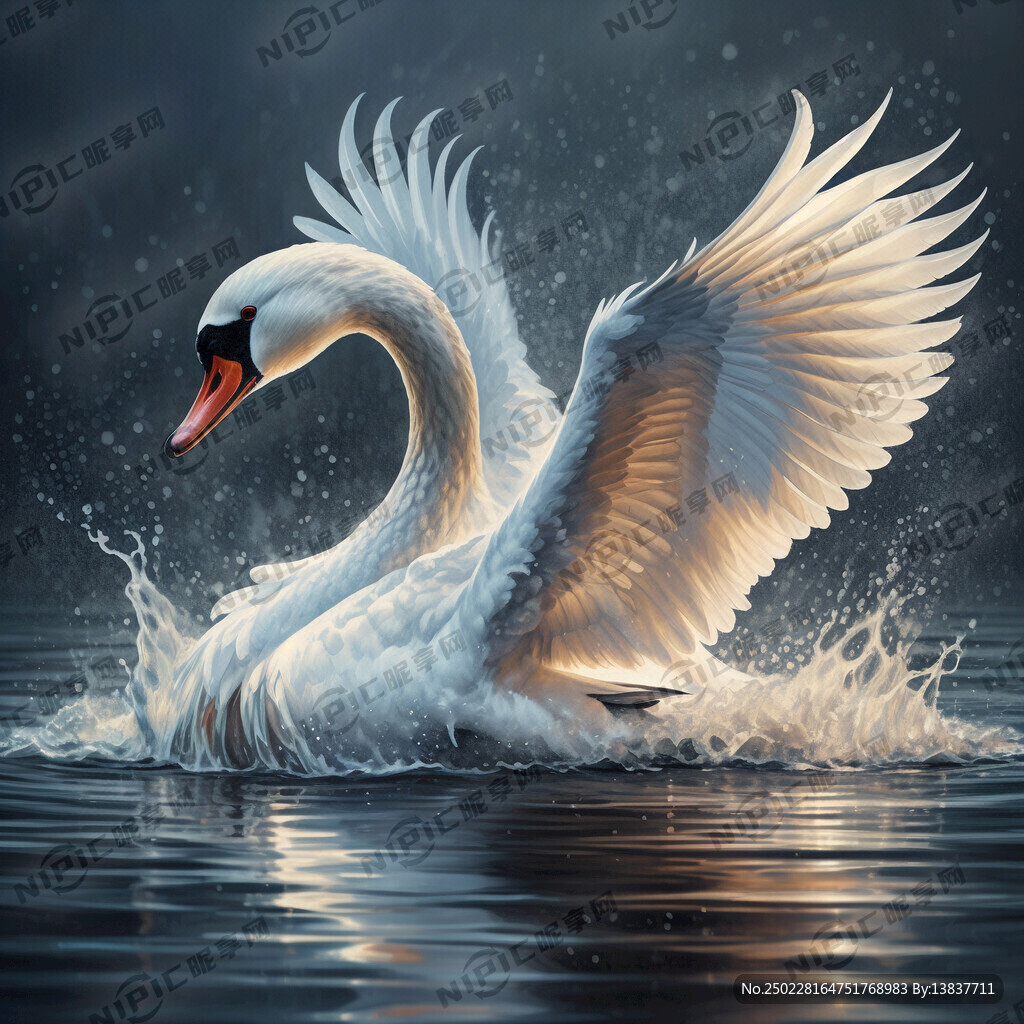 天鹅展翅拍水 浪花四溅