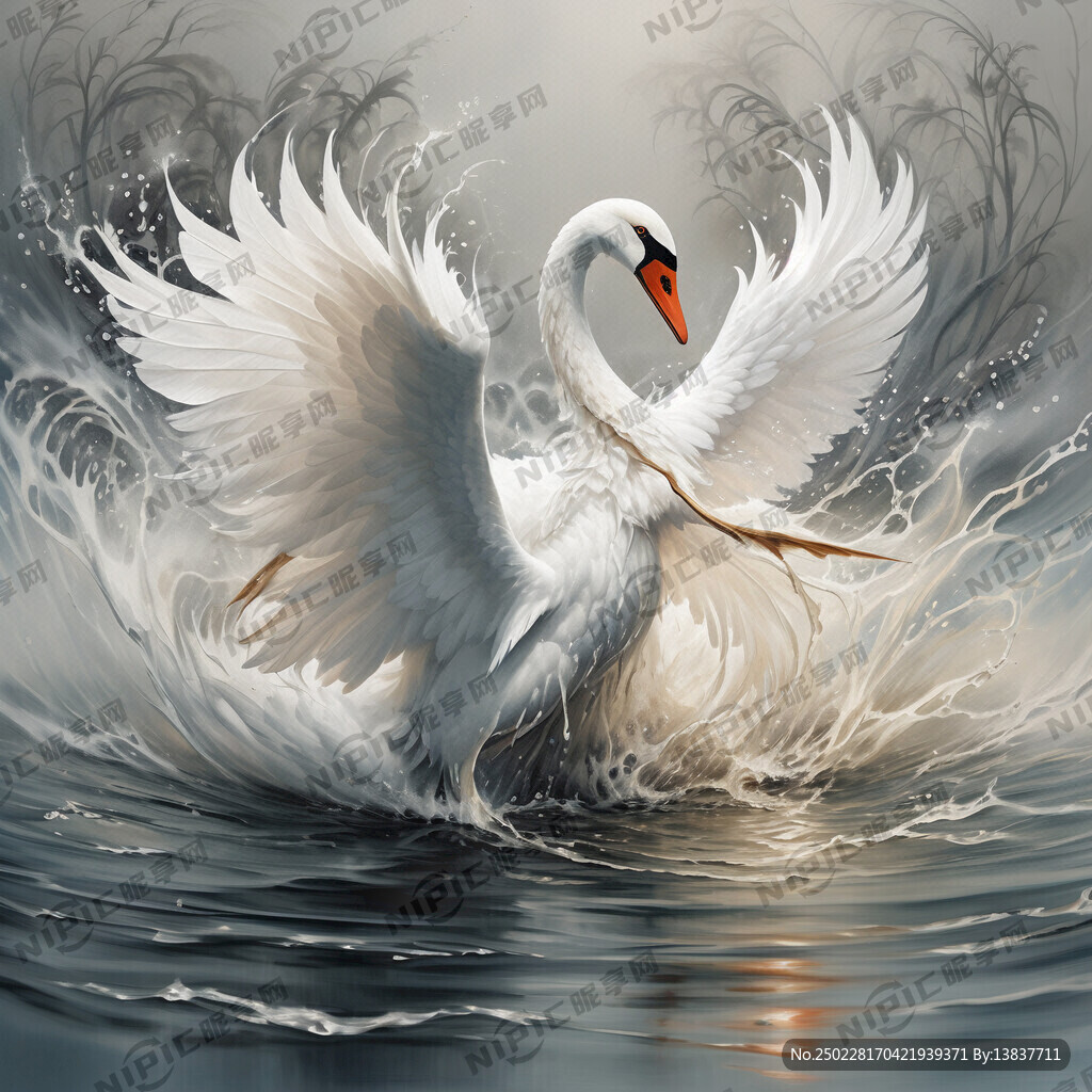 天鹅展翅拍水 浪花四溅