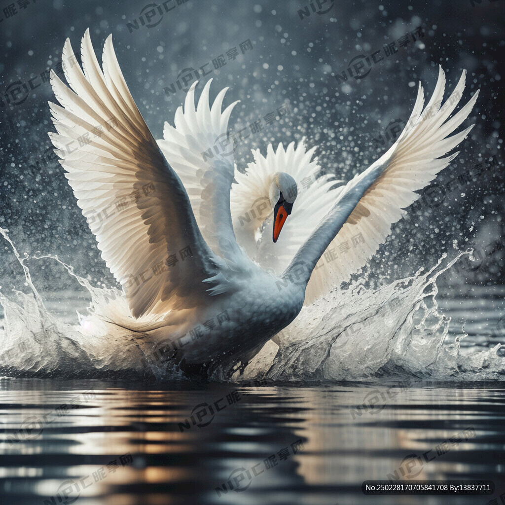 天鹅展翅拍水 浪花四溅