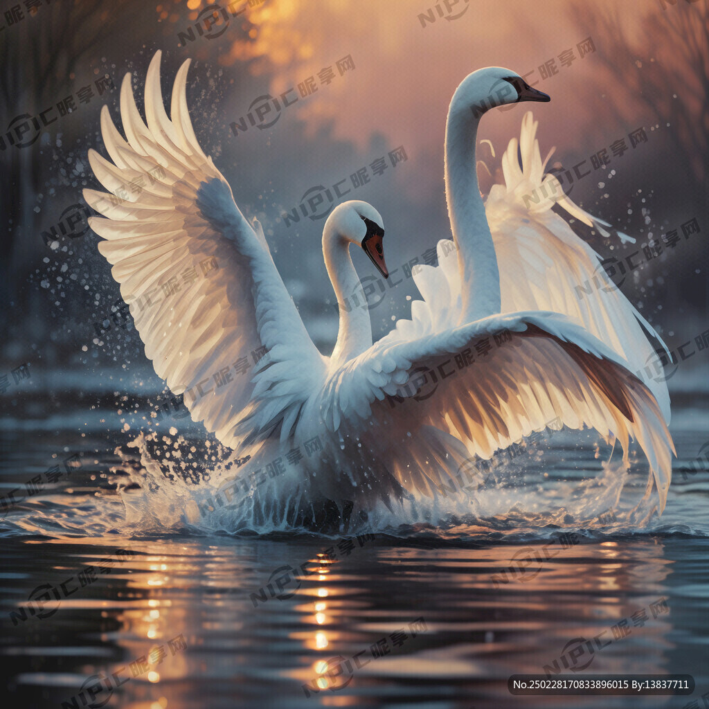 晚霞下一只天鹅在展翅拍水