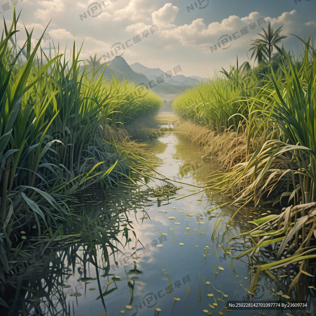 水稻秧田 田间填满了水