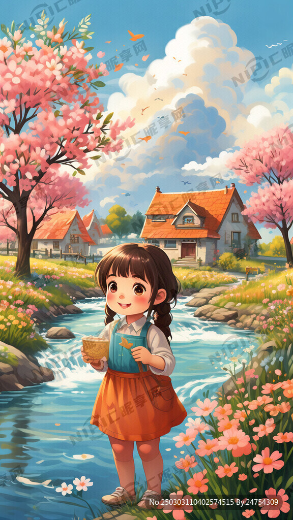 春天 天空晴朗 儿童插画 河流