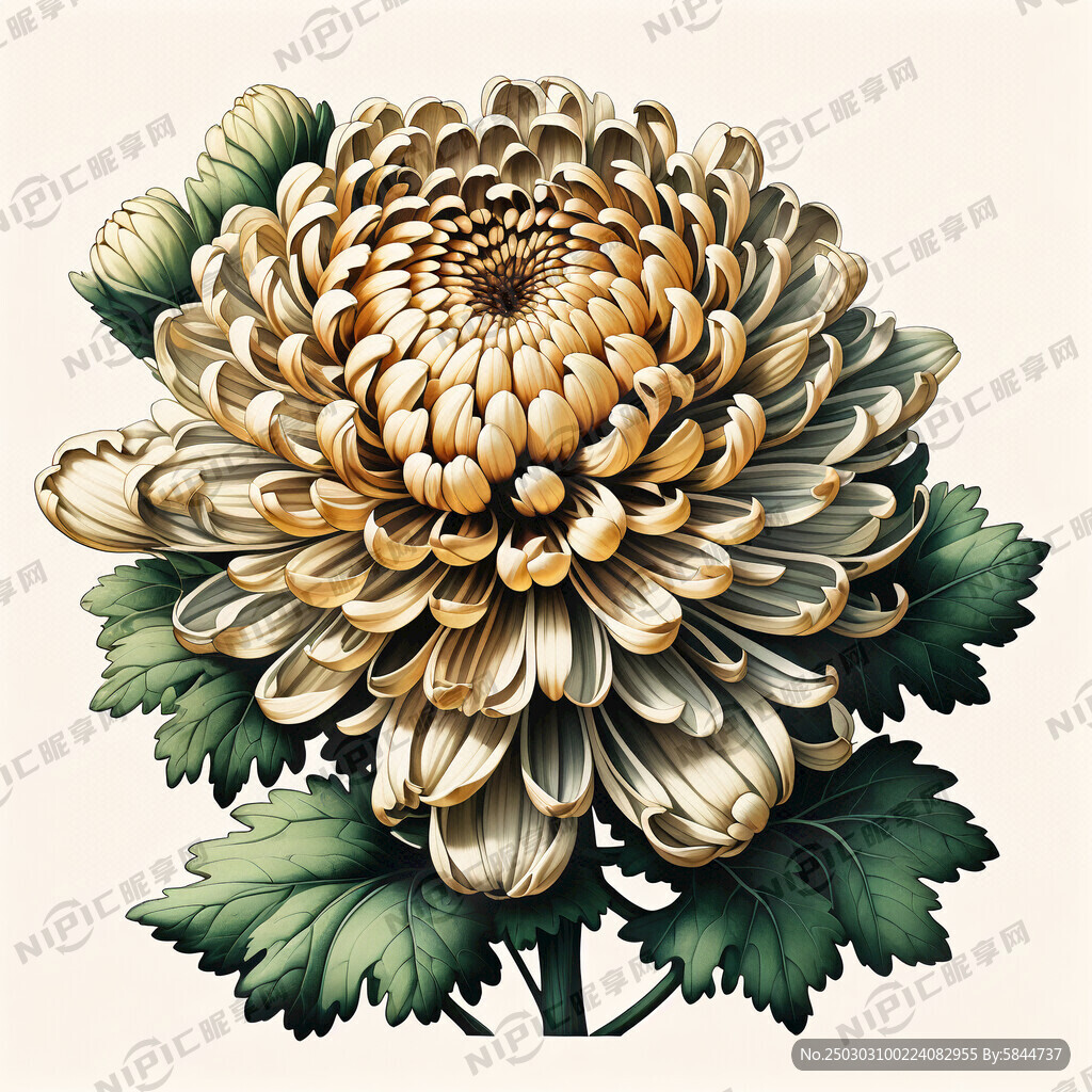 盛开的菊花 手绘菊花 米黄色