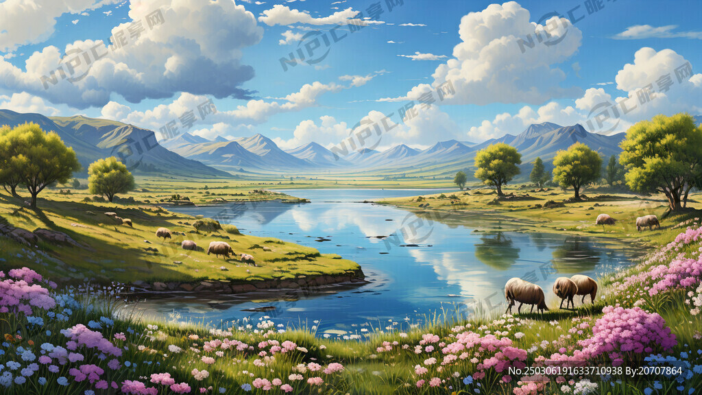 蓝天 白云 池塘 牛羊 大草地