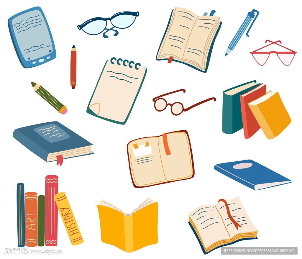 手绘风格的书籍眼镜和笔