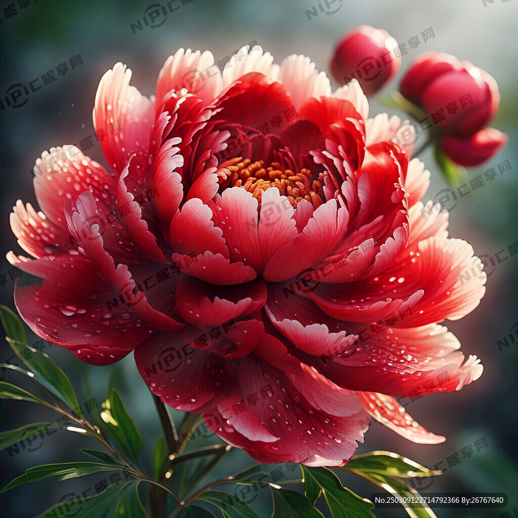 一朵红牡丹 娇艳欲滴的