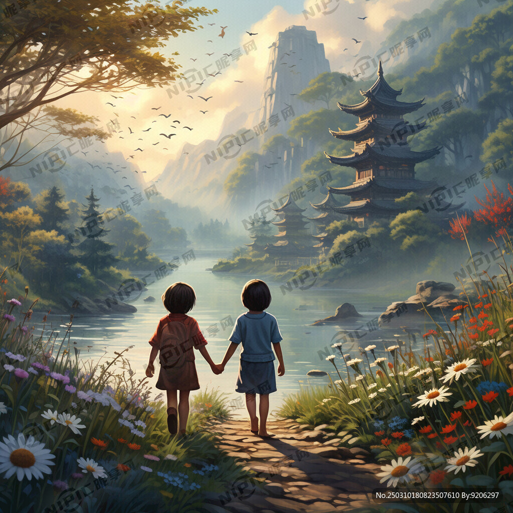 蓝天白云下小男孩和妈妈手牵手走