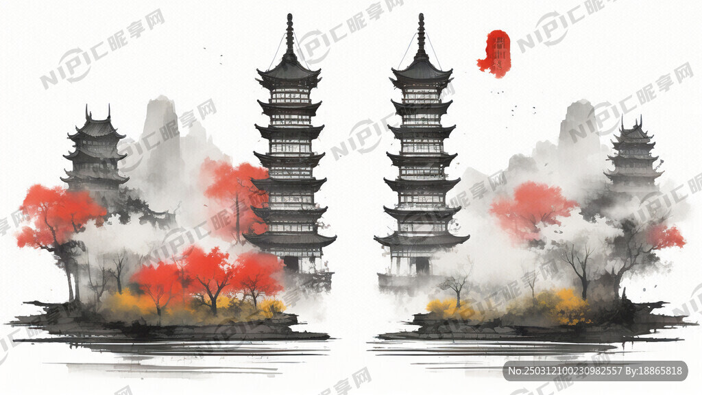 中国风、节约粮食、双子古塔、画