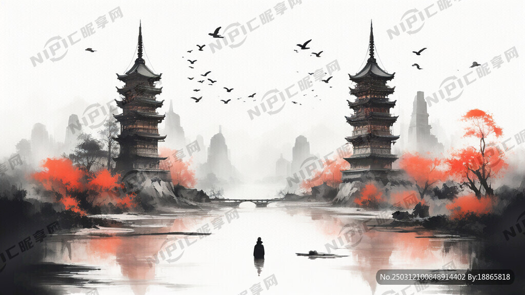 中国风、两座古塔、画面简单、泉