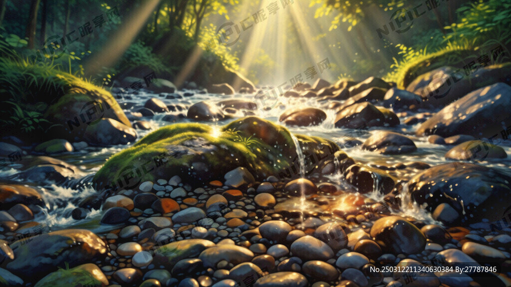 阳光照射溪流石头水底