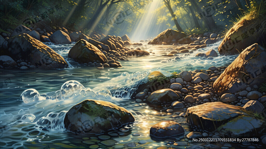 阳光照射溪流石头水底