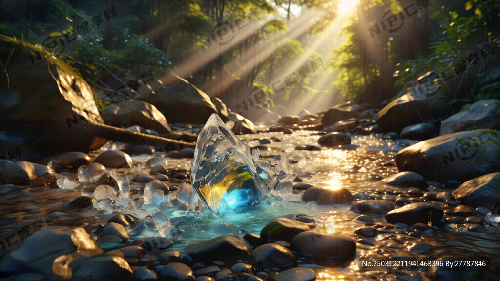 阳光照射溪流石头水底