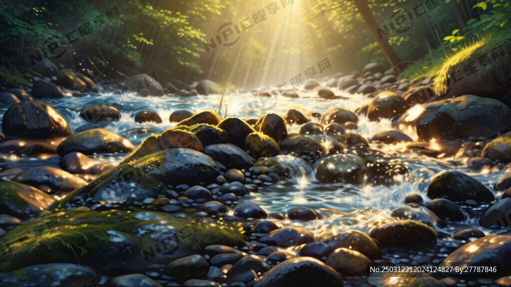 阳光照射溪流石头水底