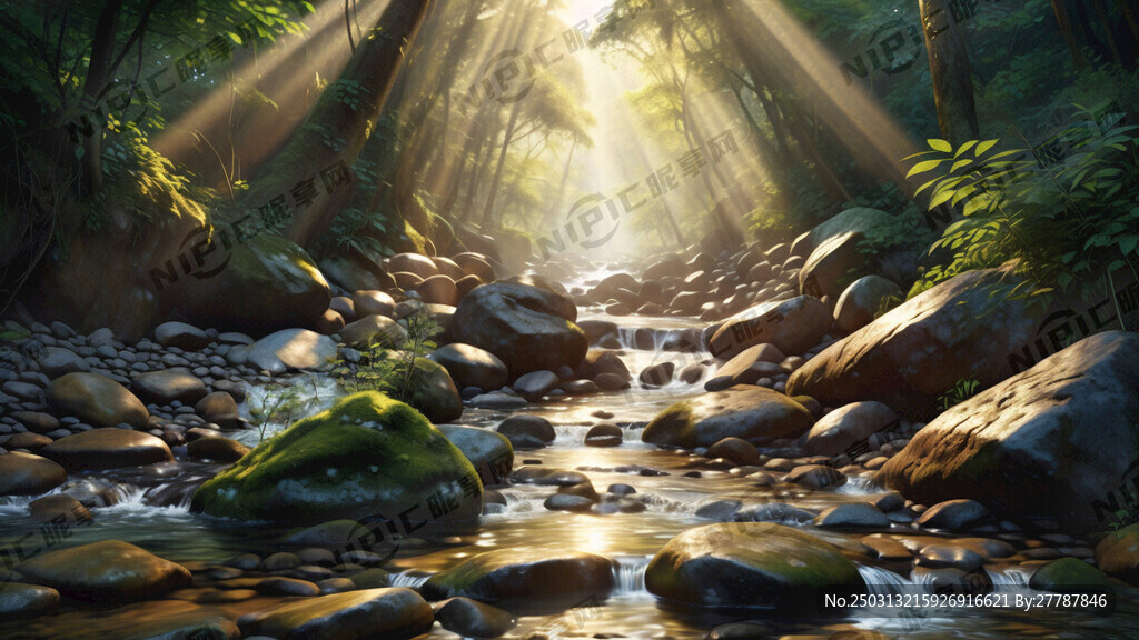 阳光照射溪流水底石头错乱