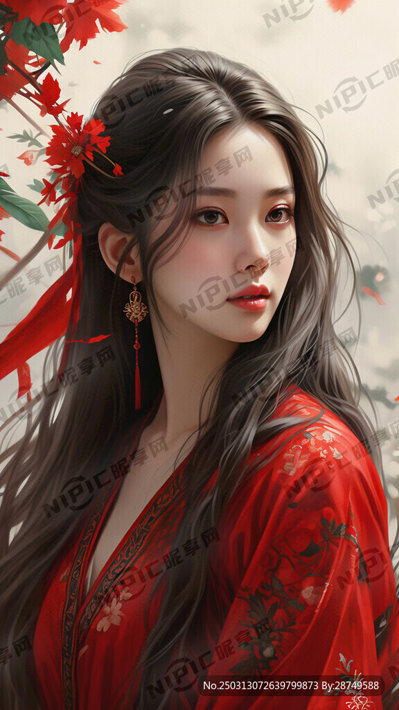 画一个长发红衣美女