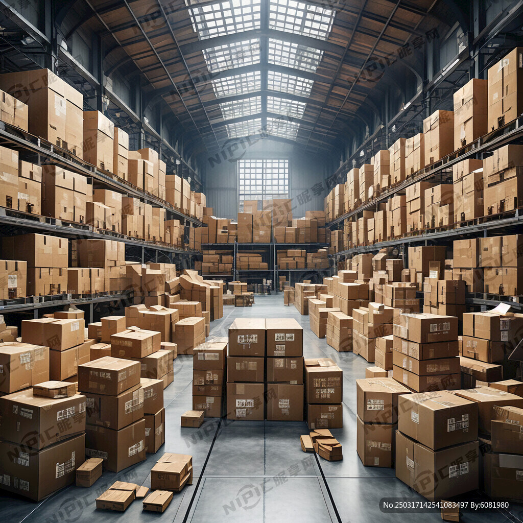 一个大仓库里面摆放着许多纸箱看