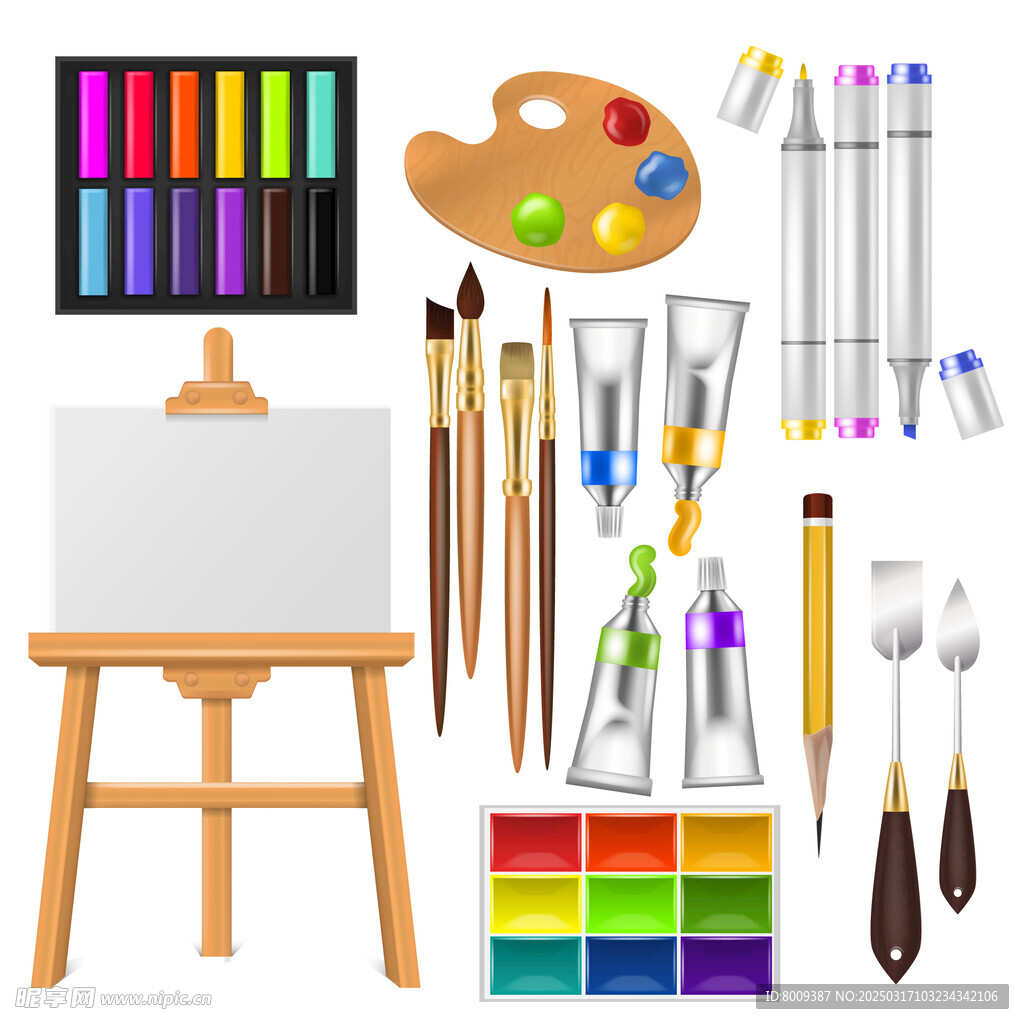 绘画画笔画架与工具卡通插画