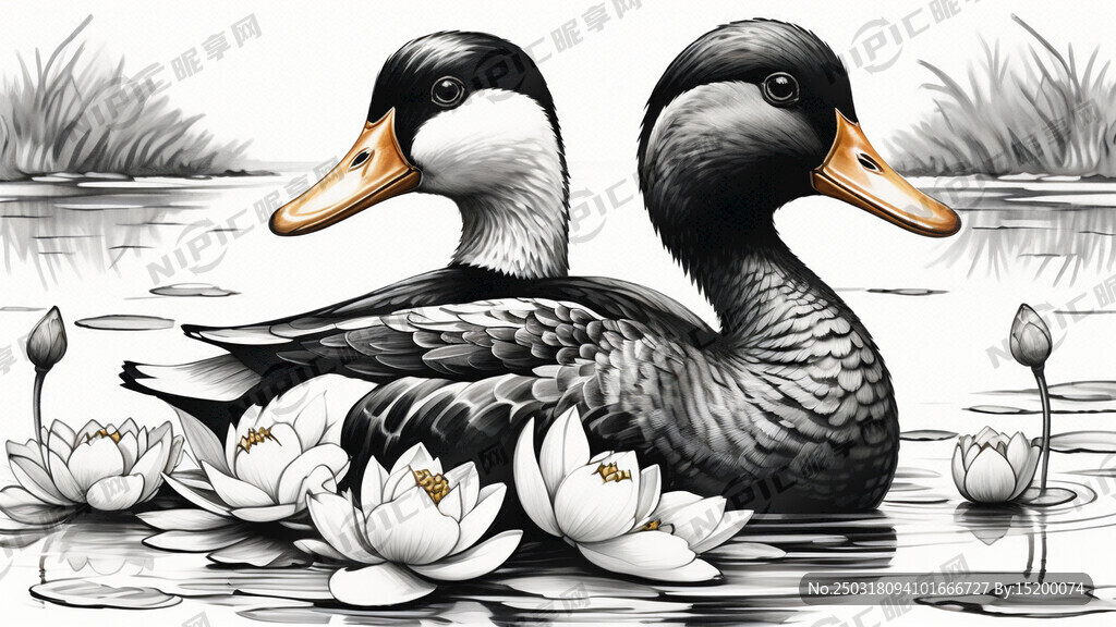黑白线条鸭子图 周围荷花点缀