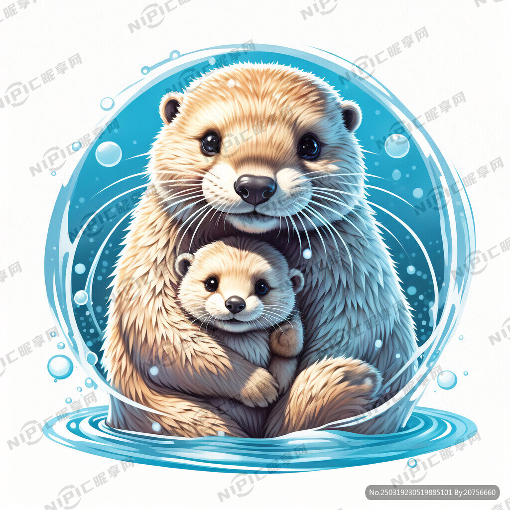 水獭妈妈抱着水獭宝宝 色彩鲜明