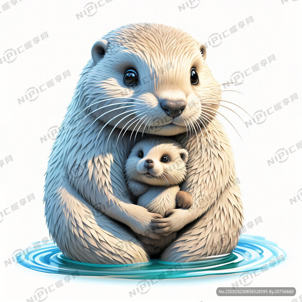 水獭妈妈抱着水獭宝宝 色彩鲜明