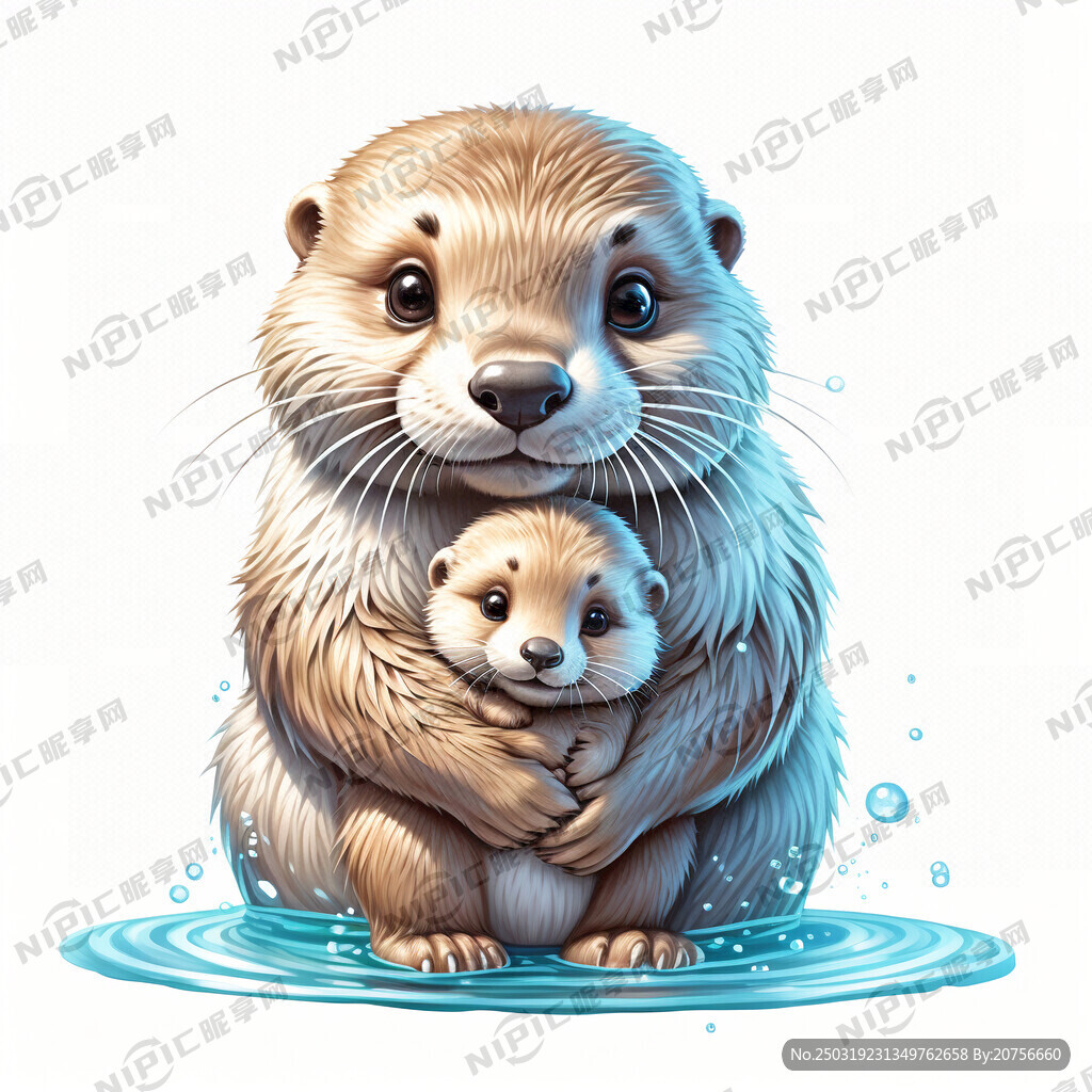 水獭妈妈抱着水獭宝宝 色彩鲜明