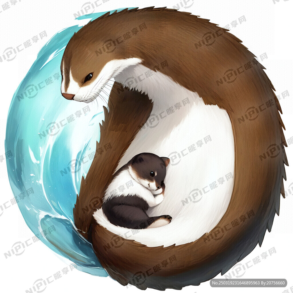 水獭妈妈抱着水獭宝宝 色彩鲜明