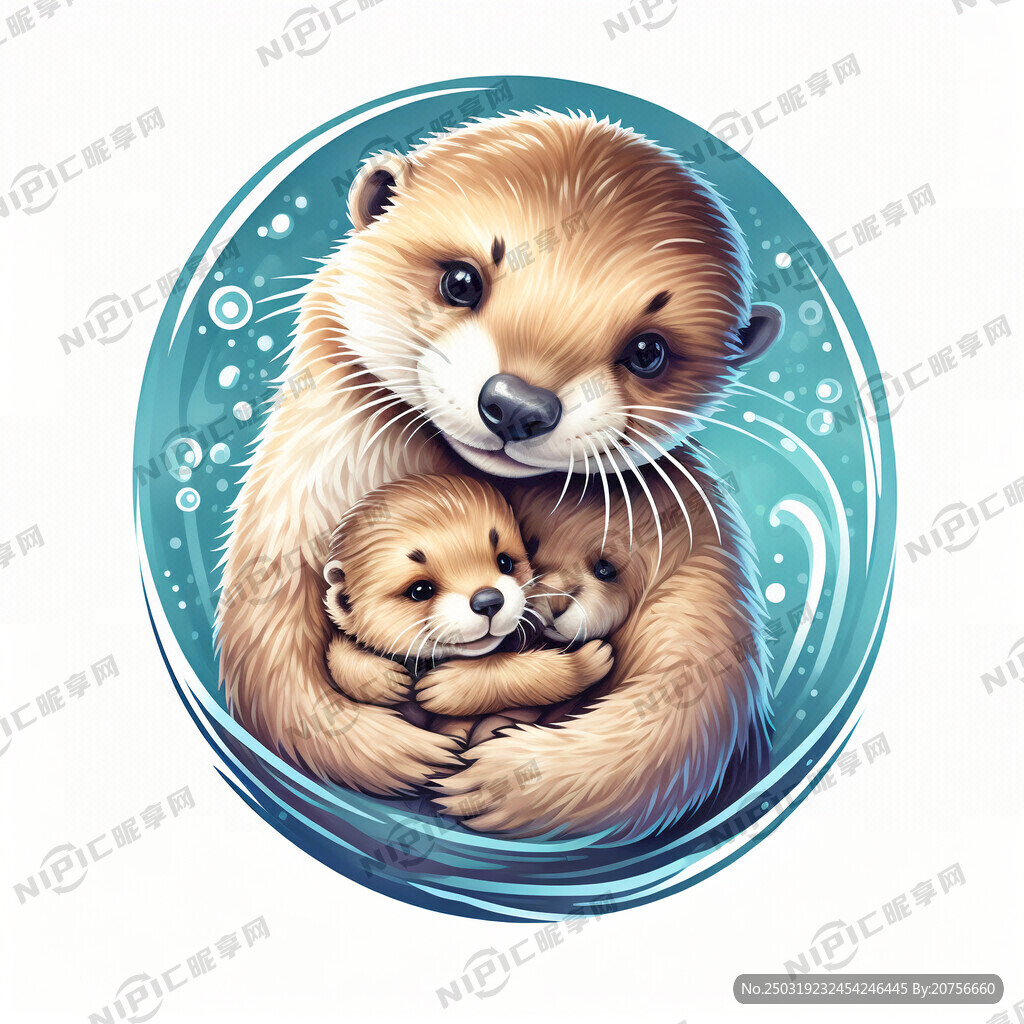 水獭妈妈抱着水獭宝宝 色彩鲜明