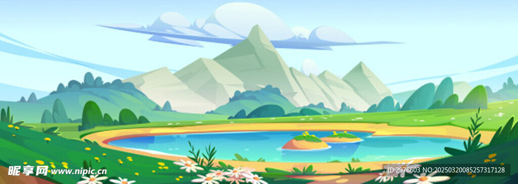 春日山湖活力卡通风景矢量模板