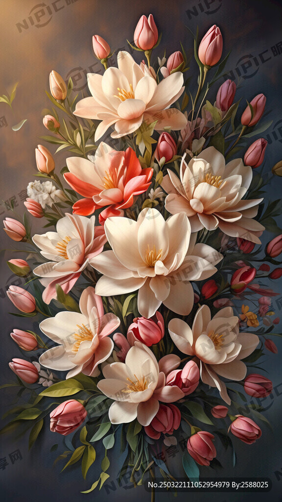 一束盛开的玉兰花和野花花束 