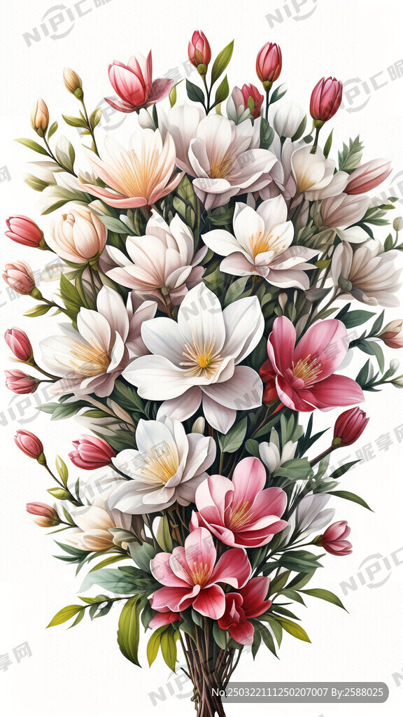 一束盛开的玉兰花和野花花束 